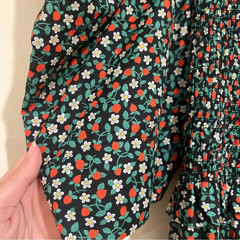 Sea New York Liberty Black Strawberry Print Tie Back Puff Sleeve Mini Dress L - Picture 4 of 9